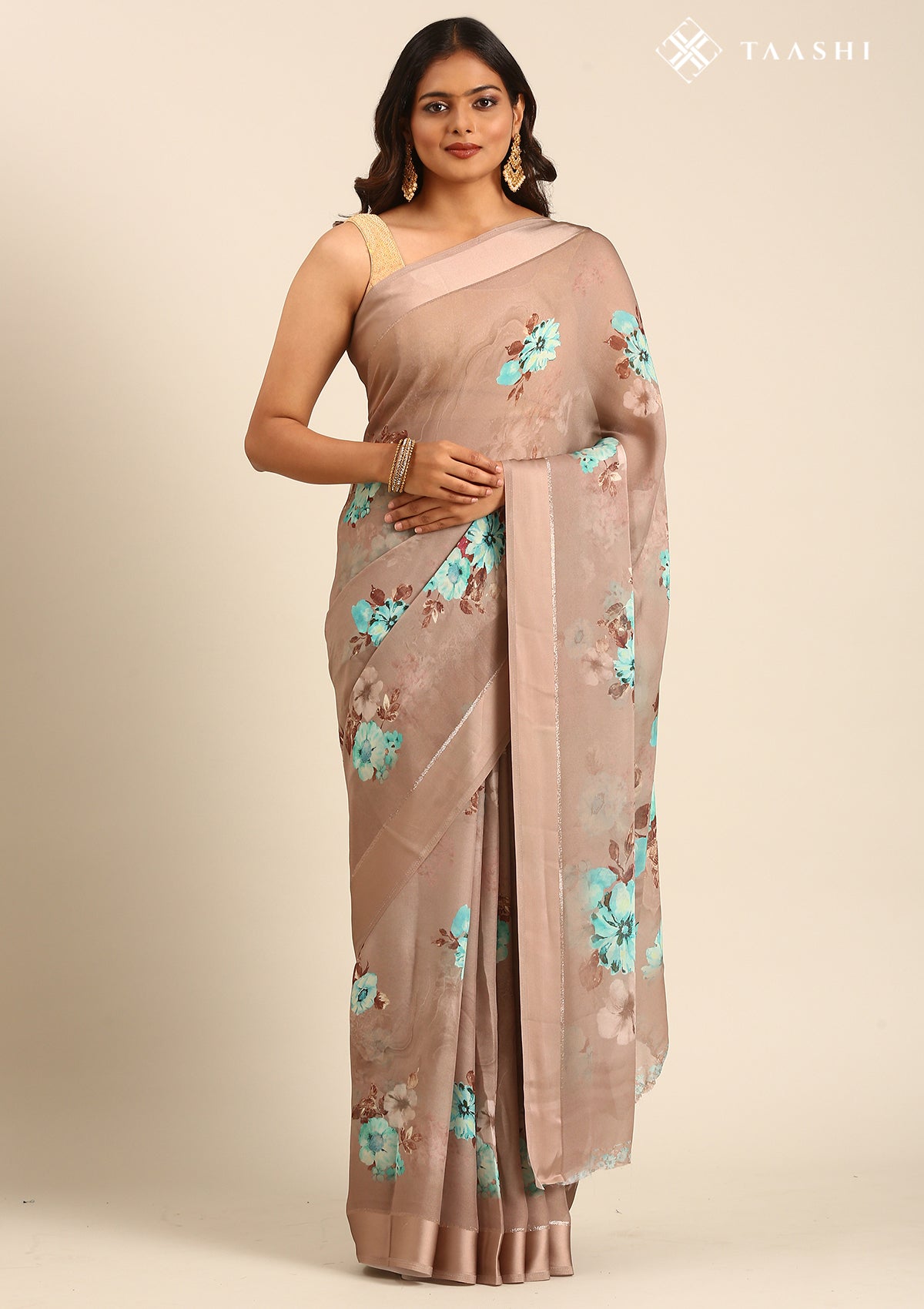 Mocha Mousse Floral Digital Printed Georgette Saree