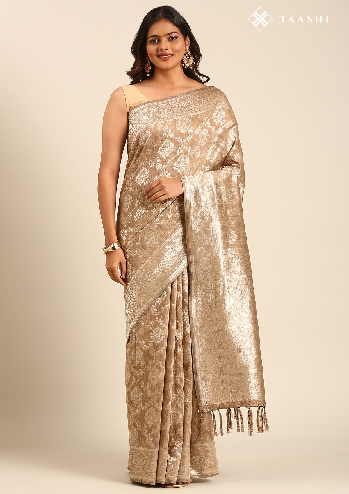 Beige Jaal Woven Tussar Saree