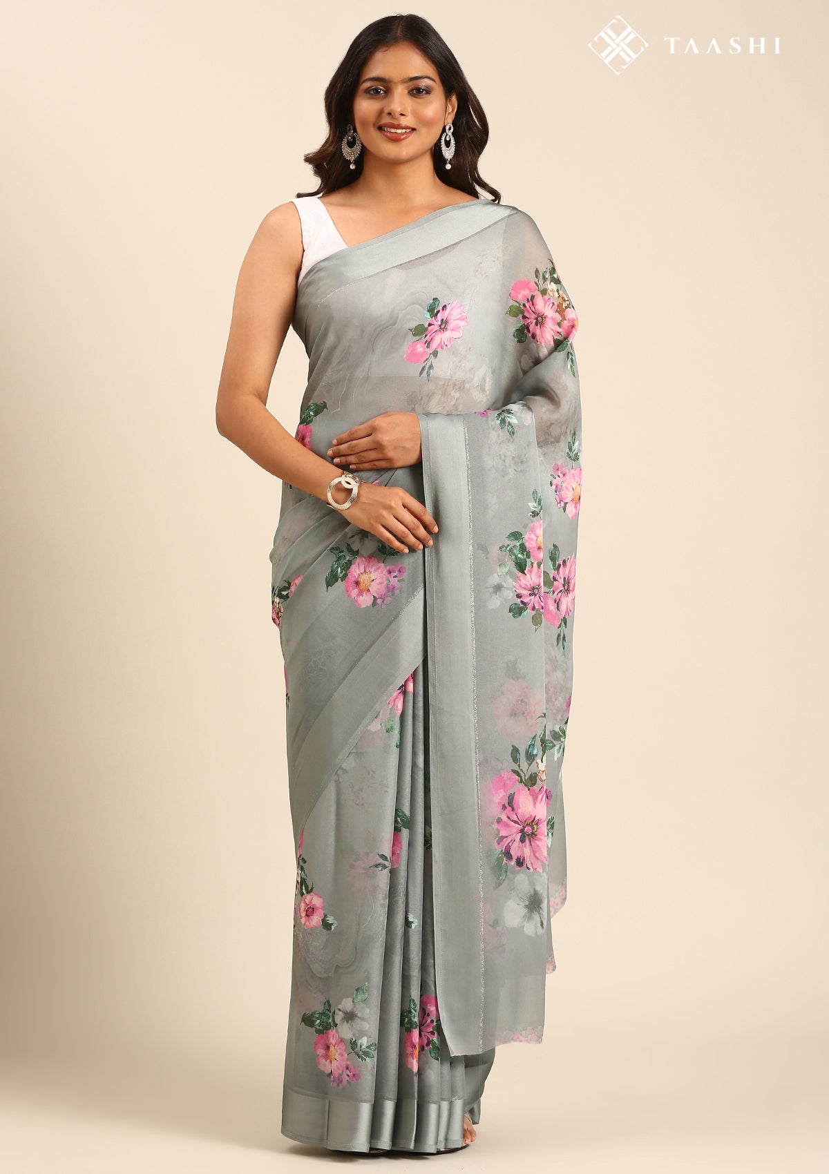 Gray Floral Digital Printed Georgette Saree