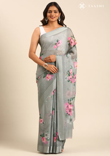 Gray Floral Digital Printed Georgette Saree