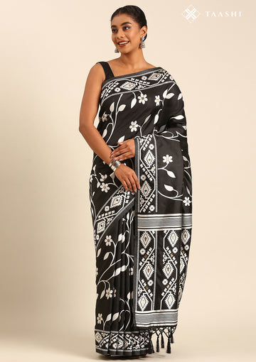 Black And White Floral And Tribal Pattern Woven Tussar Saree