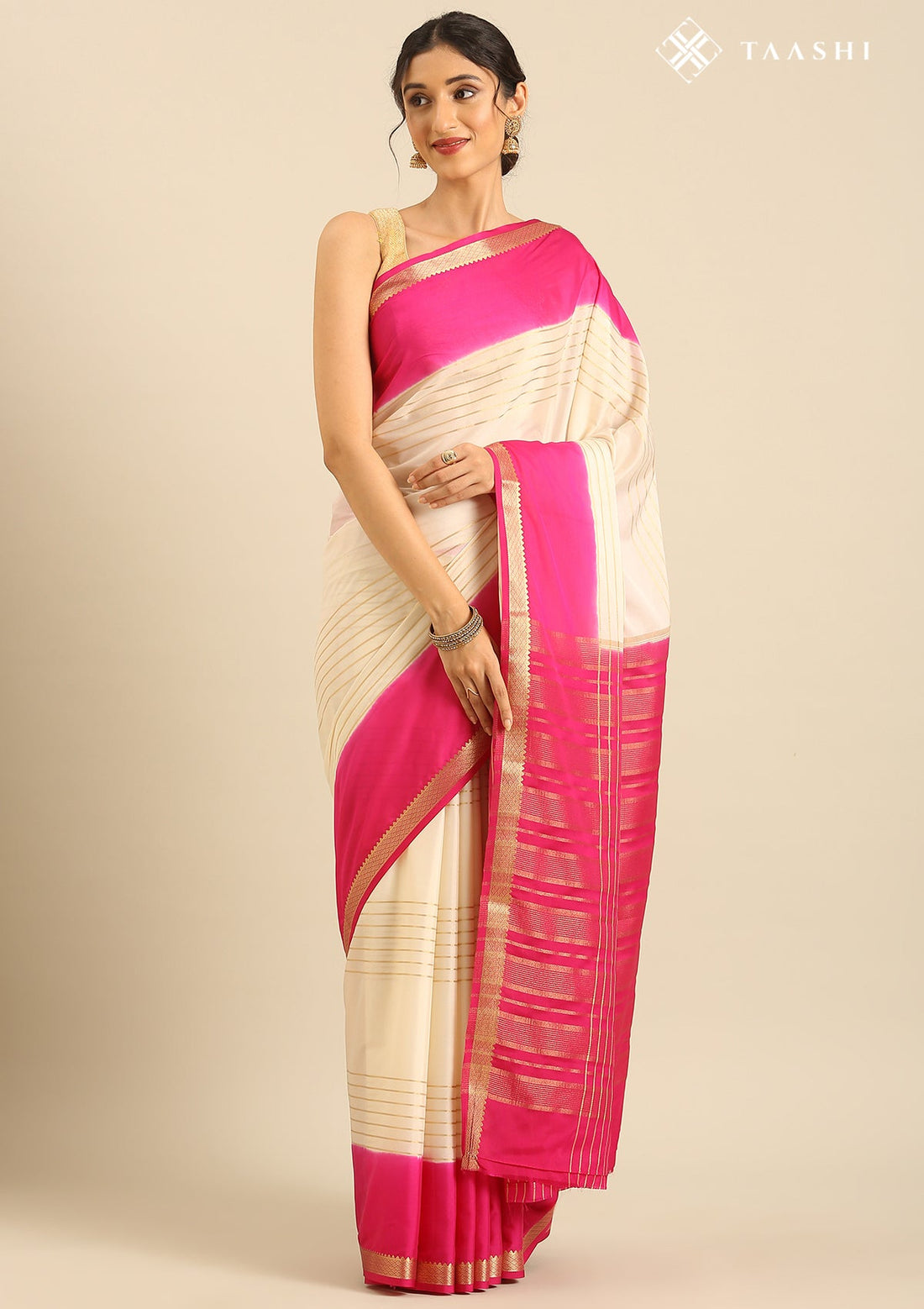 Off White Semi Mysore Crepe Saree