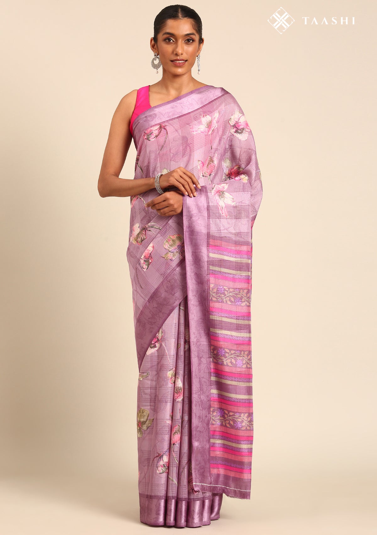 Purple Watercolor Floral Printed And Plaids Woven Linen Saree