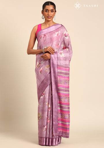 Purple Watercolor Floral Printed And Plaids Woven Linen Saree