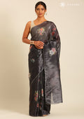 Metallic Charcoal Printed And EmbroideRed Organza Saree - Taashi