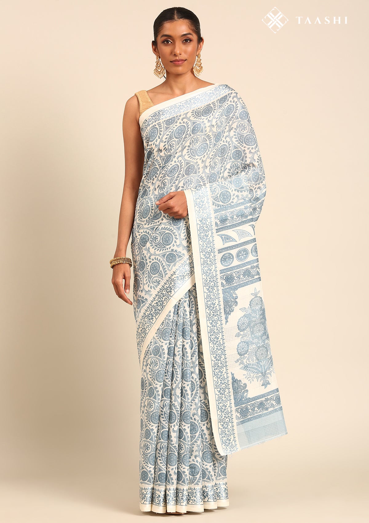 Cream And Blue Stylised A/O Paisley Pattern Linen Saree