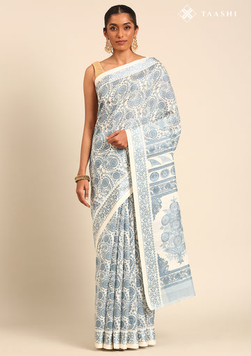 Cream And Blue Stylised A/O Paisley Pattern Linen Saree