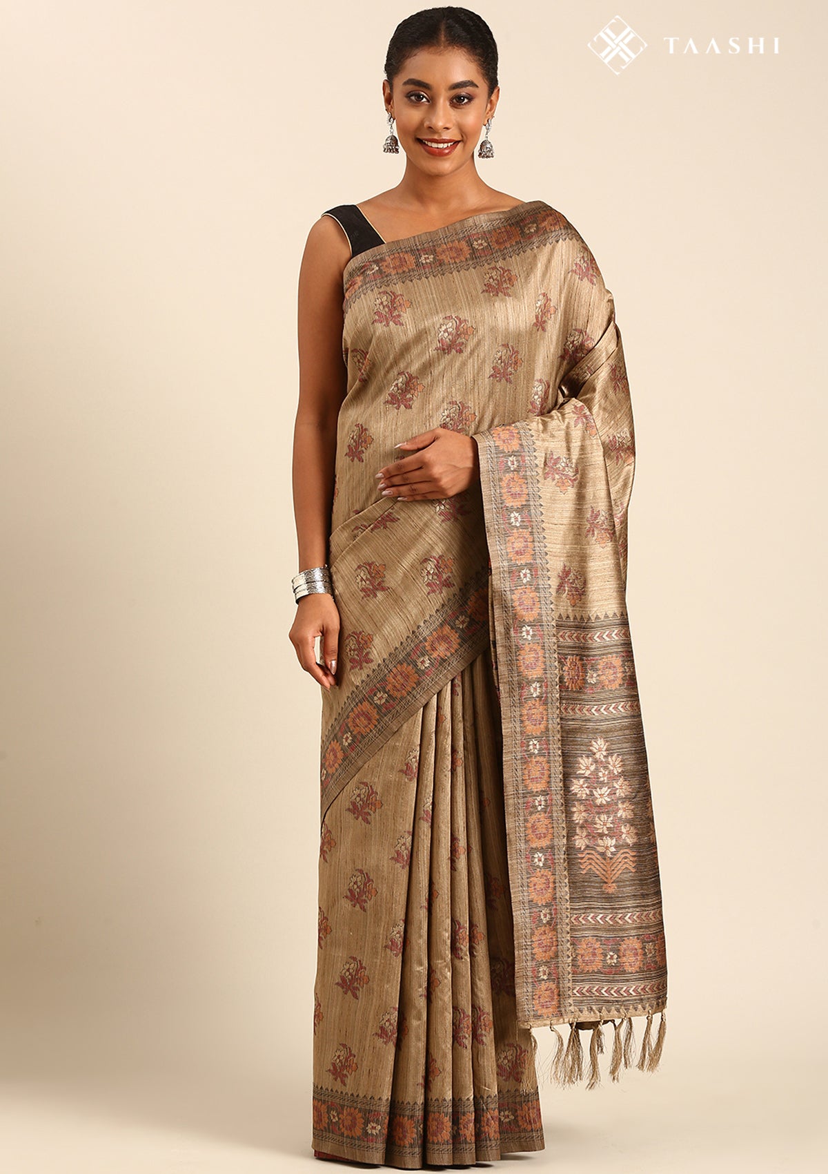 Chikoo Mughal Floral Woven Pattern Tussar Saree
