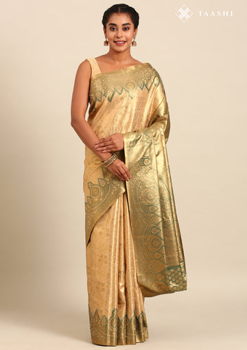 Gold and Green Floral Pattern Tissue Brocade Kanchipuram Saree