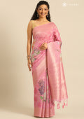 Pastel Pink Floral Printed Zari Woven Organza Saree - Taashi