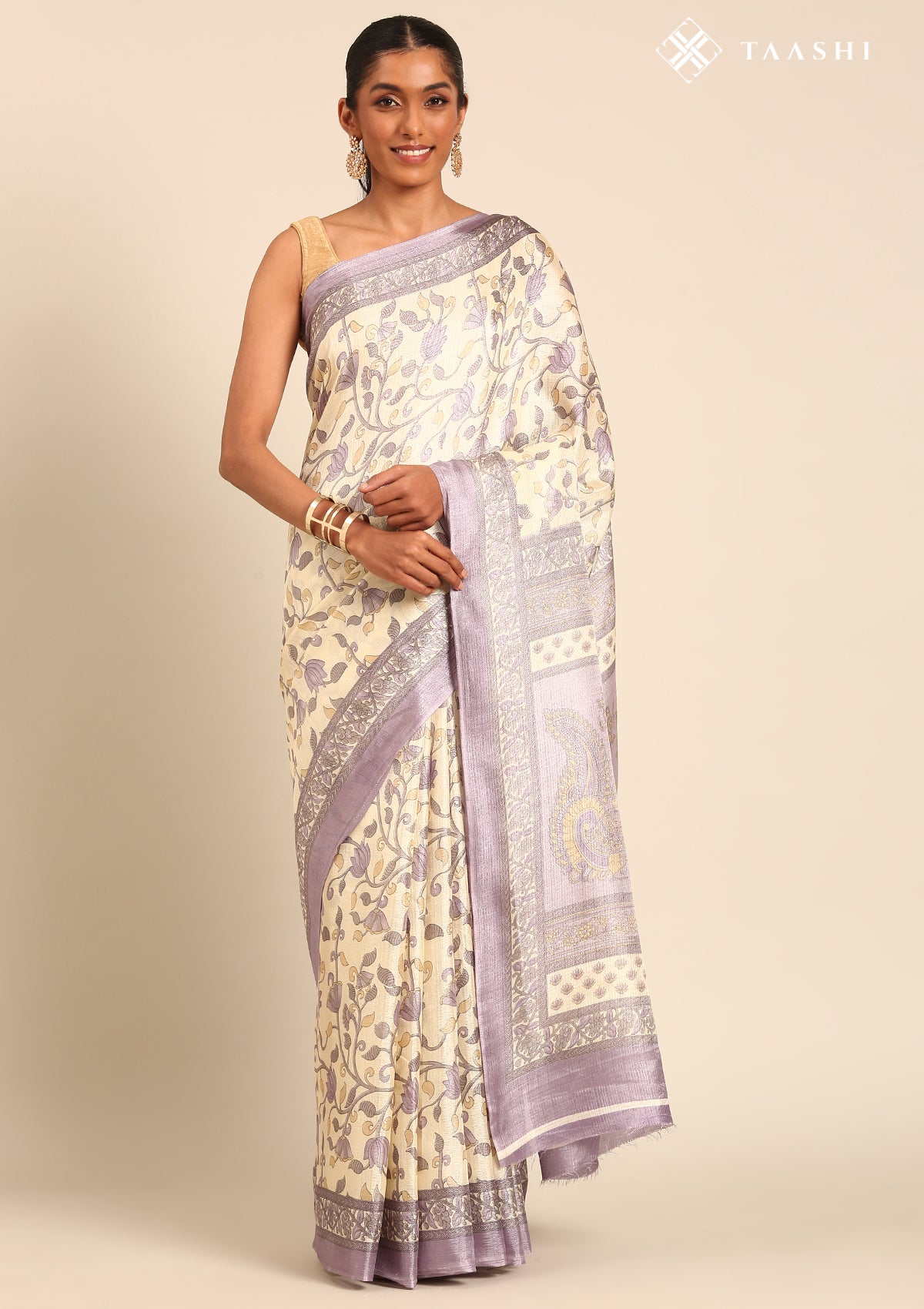 Cream And Mauve Jaal Floral Printed Art Tussar Matka Silk Saree