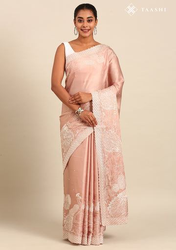 Pastel Pink Peacock Embroidered Tussar Saree