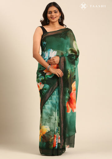 Green Multicolor Floral Digital Printed Georgette Saree