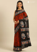Orange And Black Batik Printed Cotton Saree - Taashi