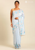 Pastel Blue Floral Embroiderd Linen Saree - Taashi