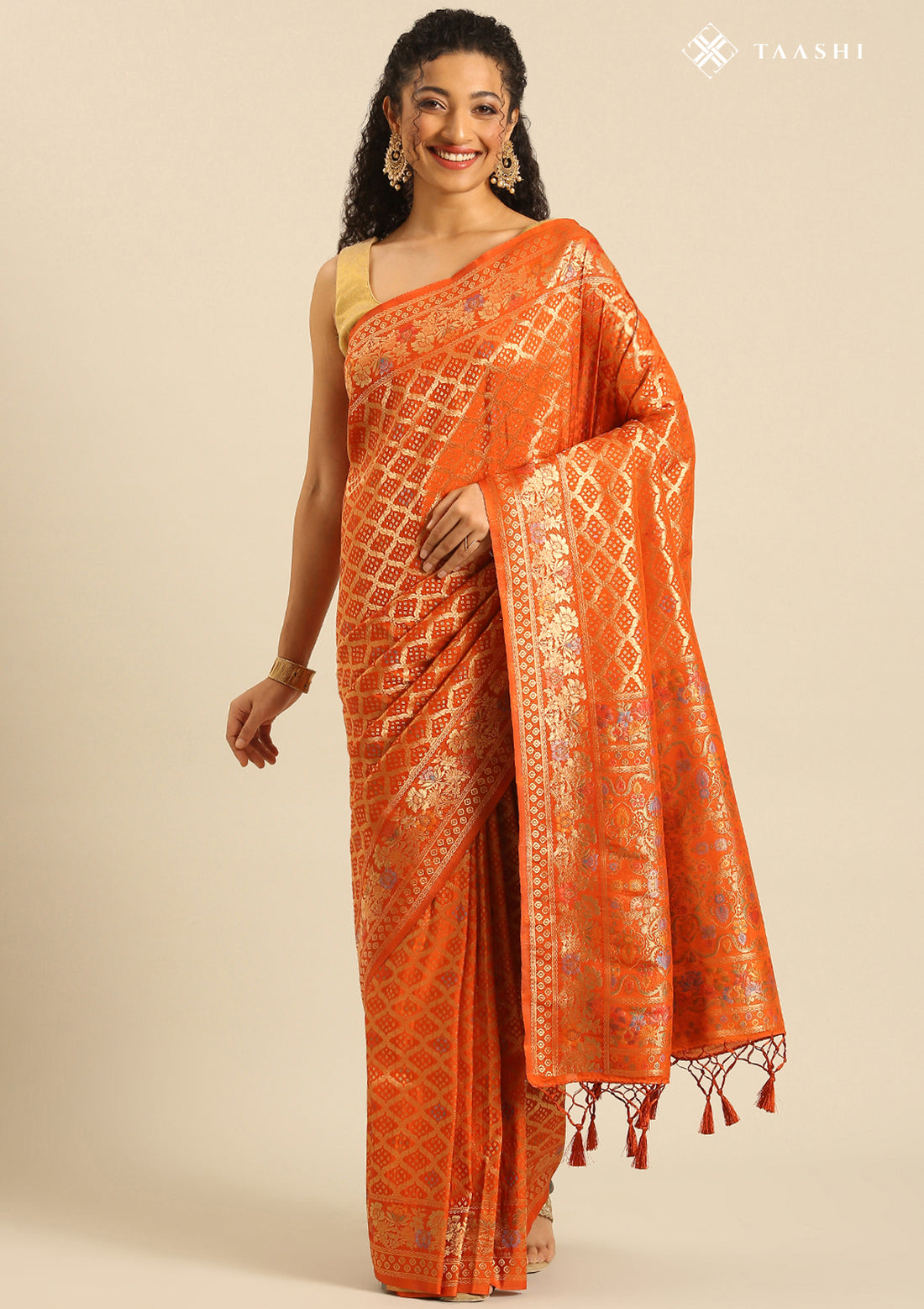 Orange Semi Banarasi SIlk Saree