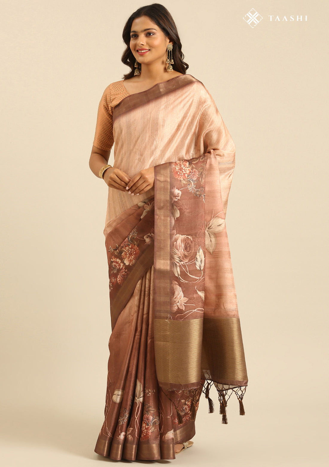 Brown Printed Tussar Saree