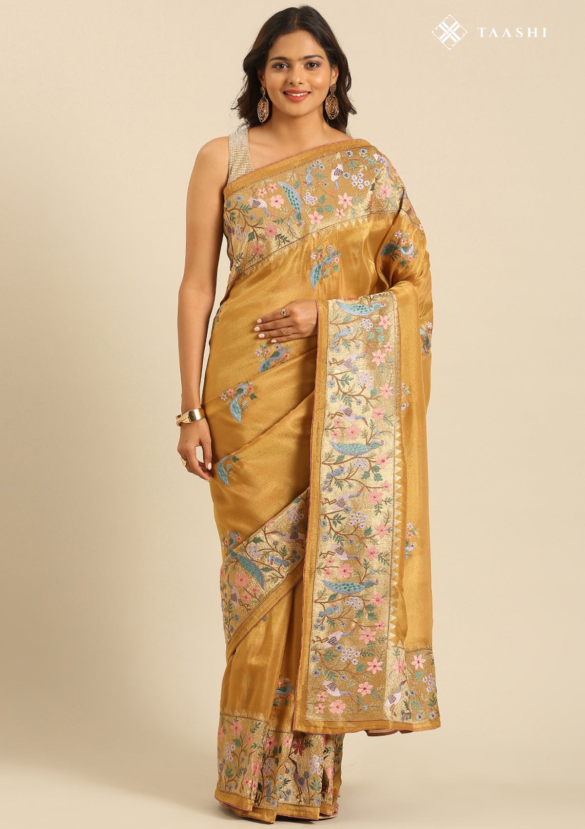 Amber Gold Nature InspiRed Embroiderd Tissue Saree - Taashi