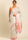 Blue And Pink Floral Printed Tissue Organza Saree - Taashi