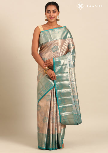 Copper and Teal Floral Pattern Tissue Brocade Kanchipuram Saree