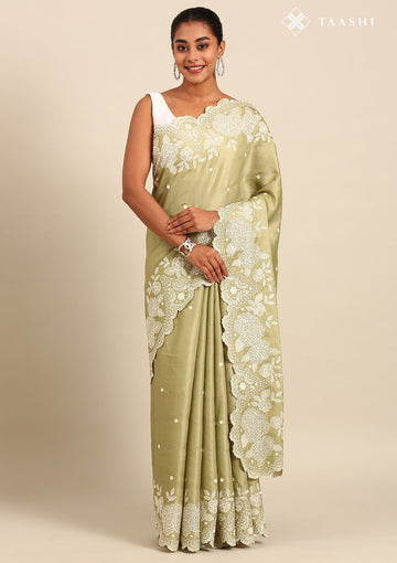 Dusty Green Tussar Contemporary Embroidered Saree