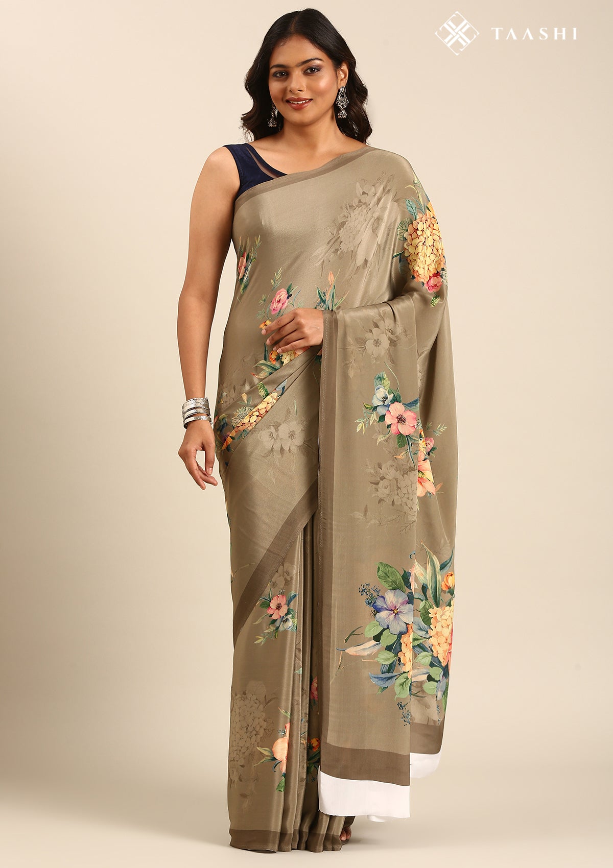 Beige Floral Digital Printed Crepe Saree