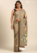 Beige Floral Digital Printed Crepe Saree - Taashi