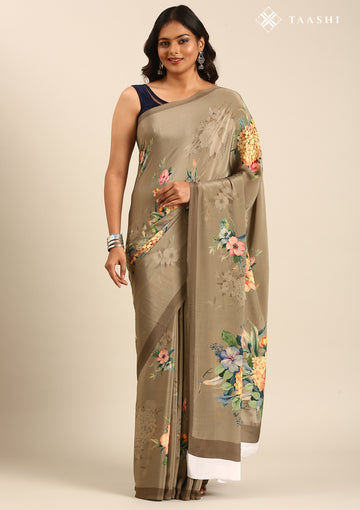 Beige Floral Digital Printed Crepe Saree