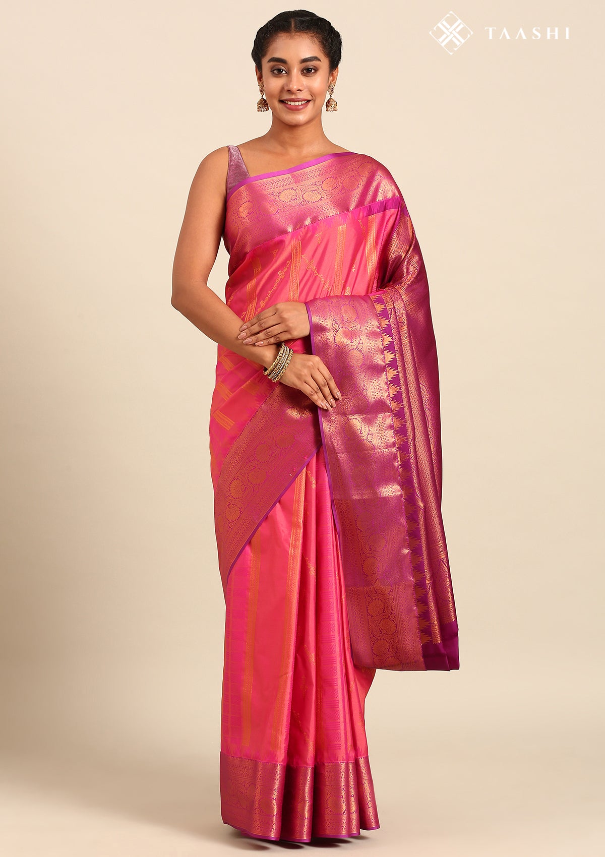 Peach And Violet Kanchipuram Saree