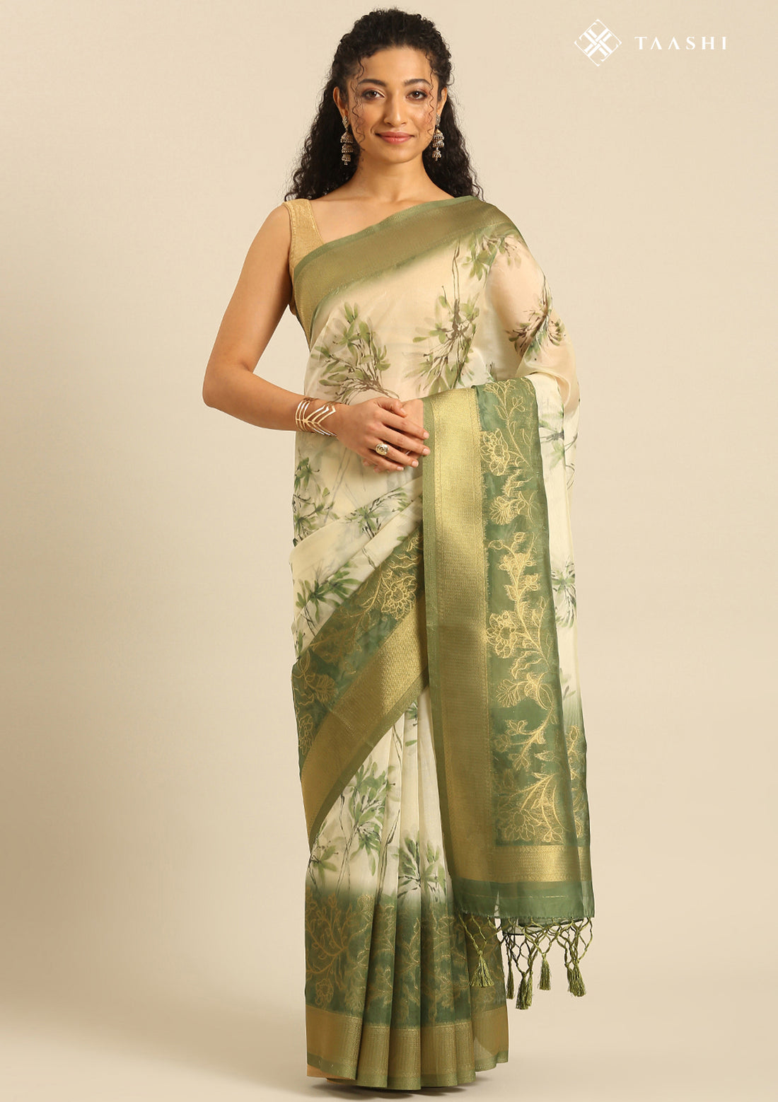 Green Zari Woven And Floral Printed Organza Saree
