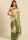 Green Zari Woven And Floral Printed Organza Saree - Taashi