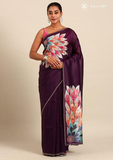 Purple Placement Embroidered Tissue Saree