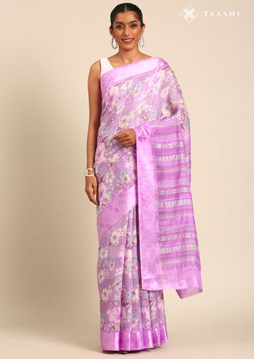 Purple A/O Floral Printed Plaids Woven Line Saree