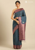Dark Blue Floral Woven Tussar Saree - Taashi
