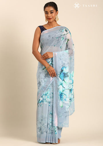 Powder Blue Georgette Contemporary Printed Saree