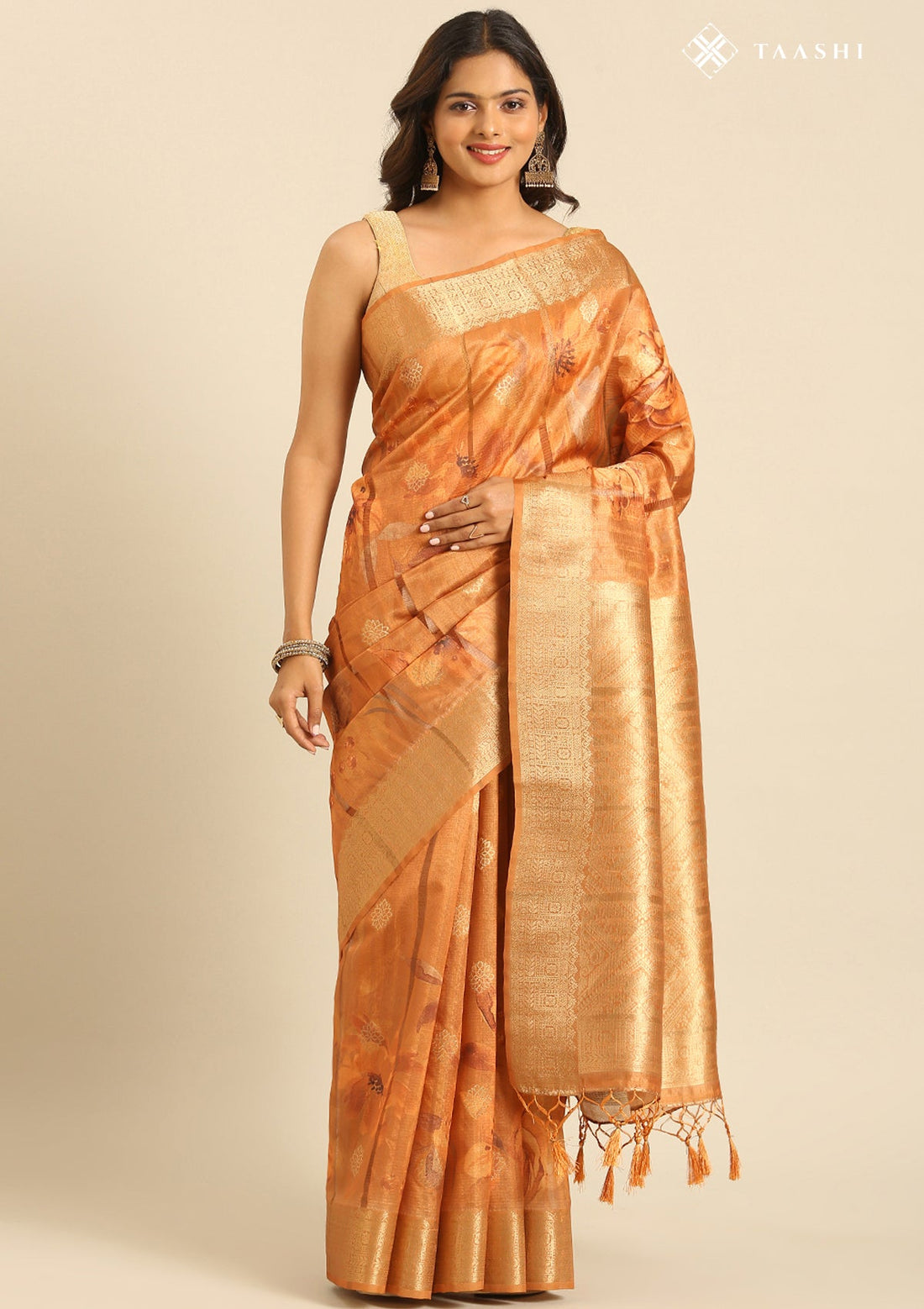 Warm Peach Organza Contemporary Printed Saree