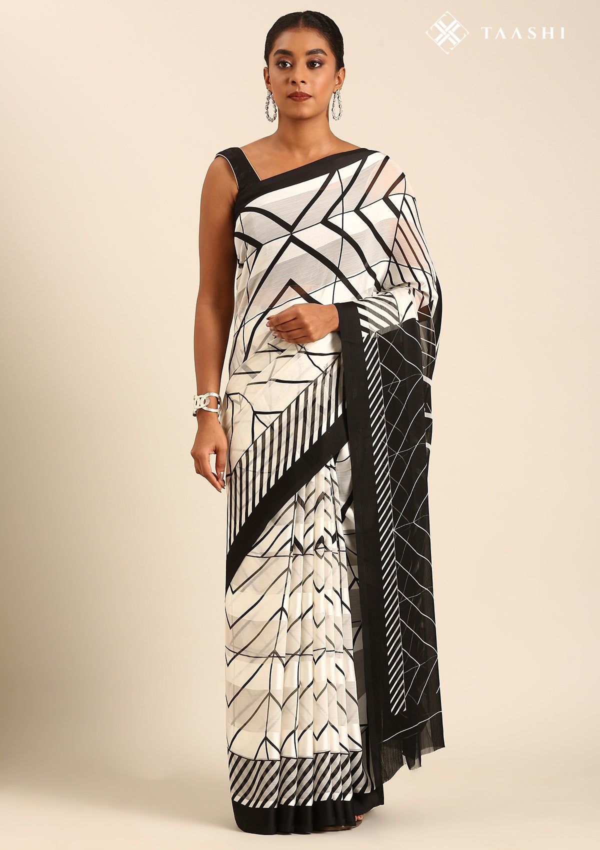 Black And White Geometric Printed Chiffon Saree