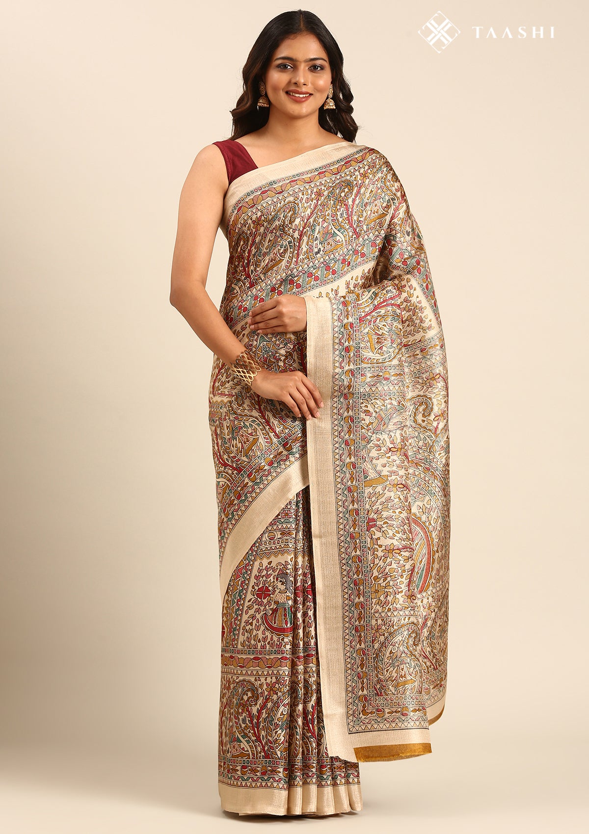 Tussar X Mustard Madhubani Printed Art Tussar Matka Silk Saree