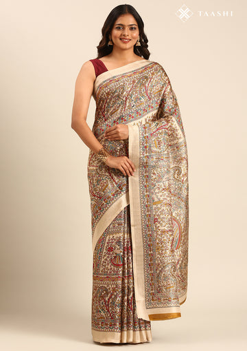 Tussar X Mustard Madhubani Printed Art Tussar Matka Silk Saree