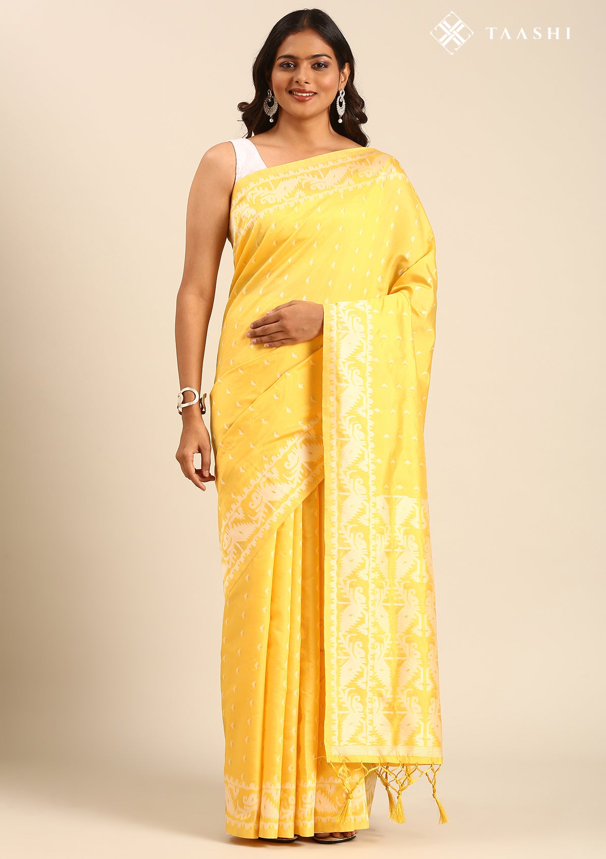Yellow Stylised Ikat Pattern Tussar Saree