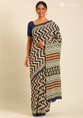 Indigo And Cream Zigzag Printed Cotton Saree - Taashi