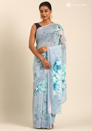 Pastel Blue Watercolor Floral Printed Georgette Saree