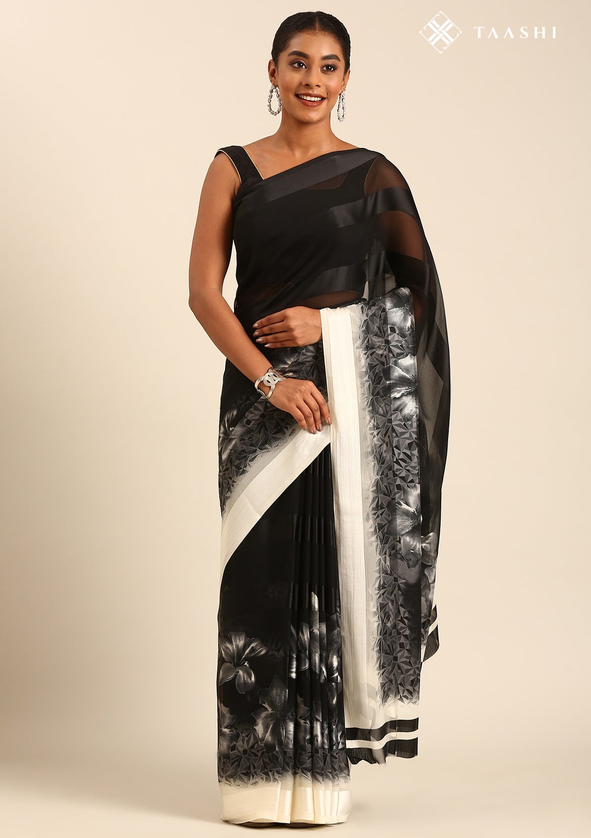 Black Abstract Floral Printed And Striped Chiffon Saree