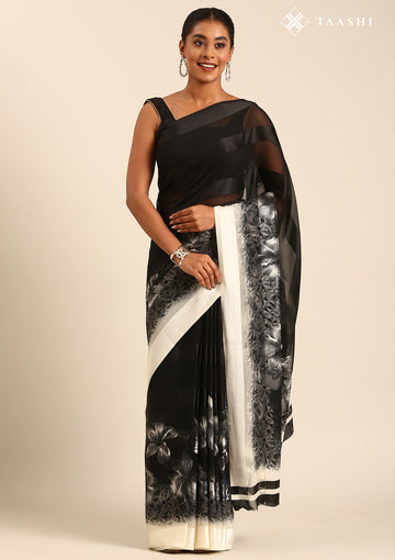 Black Abstract Floral Printed And Striped Chiffon Saree