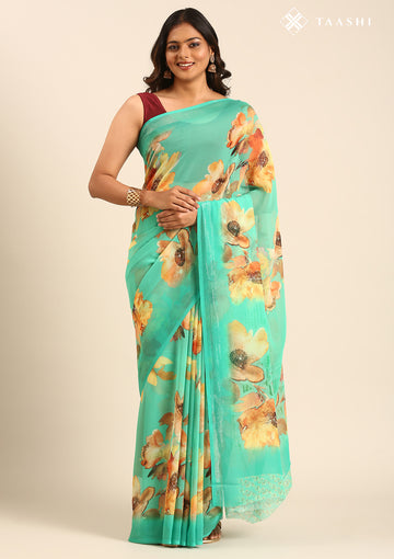 Green Watercolor Floral Printed Georgette Saree