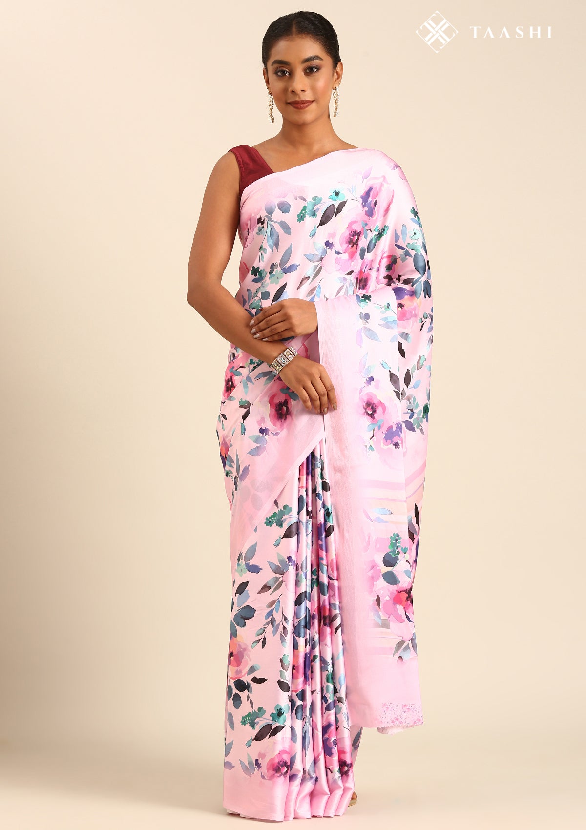 Pastel Green A/O Floral Printed Satin Saree