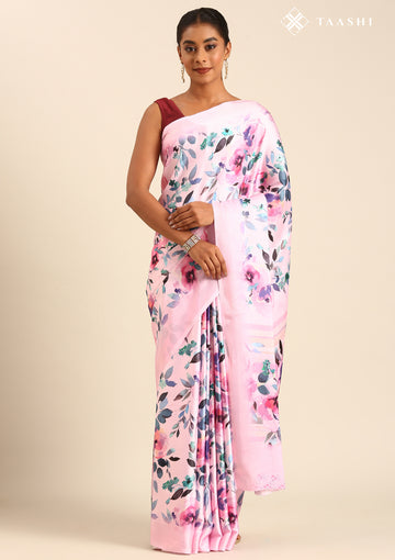 Pastel Green A/O Floral Printed Satin Saree