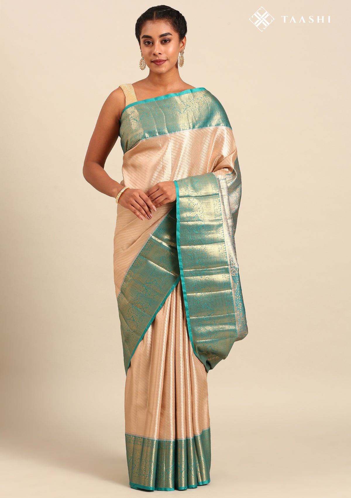 Golden And Teal Color Kanchipuram Saree