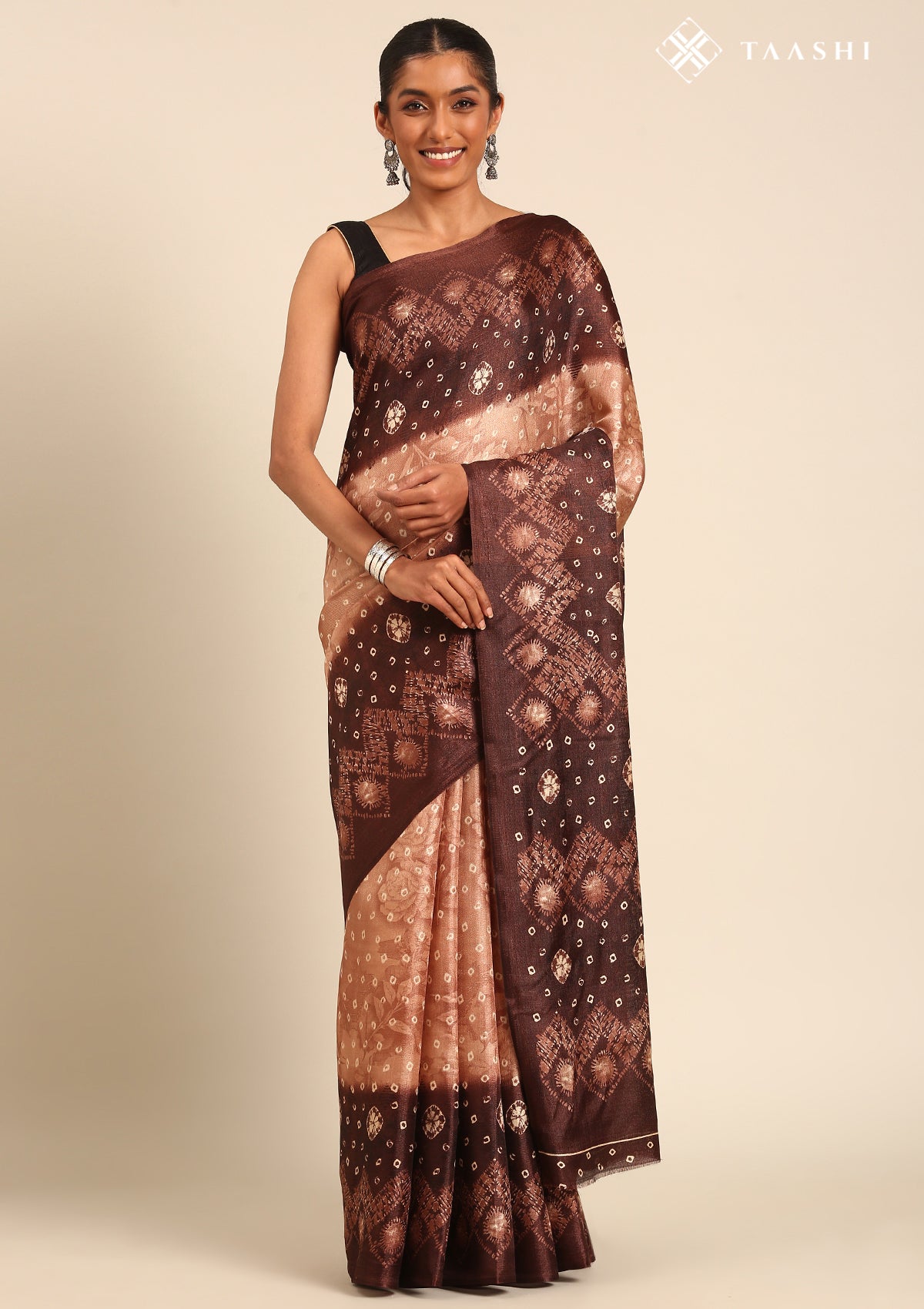 Brown Batik Printed Art Tussar Matka Silk Saree