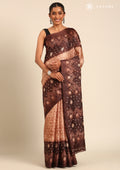 Brown Batik Printed Art Tussar Matka Silk Saree - Taashi